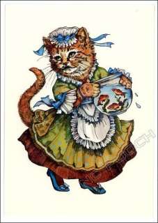 Gathings modern postcard dressed maid cat goldfish bowl  