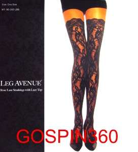 ROSE LACE Thigh High Stockings w/ LACE TOPS   BLACK O/S  