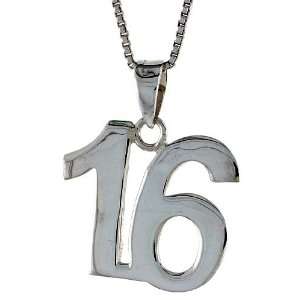  Sterling Silver Digit Number 16 Pendant 3/4 in. (18 mm 