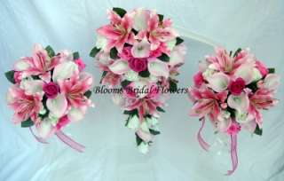 WEDDING BOUQUET SET, Calla Lillies, Tiger Lilles & Roses Pink/Ivory 