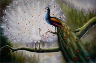 Museum Q. Hand Painted Oil Painting Peacocks on Tree Top 36x24 