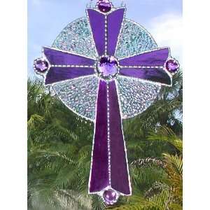  Stained Glass Purple Cross Suncatcher w/ Glass Nuggets 