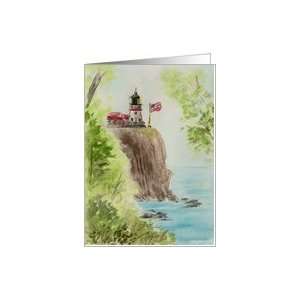 Birthday Watercolor Art Card Lighthouse American Flag Christian Poetry 