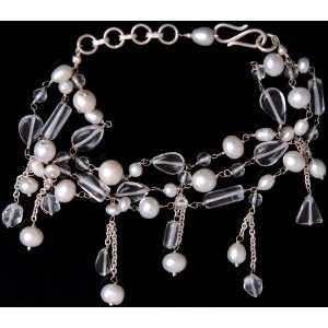  Pearl and Crystal Bracelet with Charm   Sterling Silver 