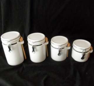 WINSOME CHINA CERAMIC WHITE CANISTER SET OF 4 WITH WOODEN SPOONS LATCH 