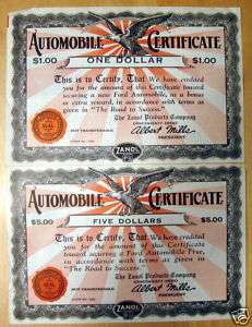 1922 Zanol Ford Motor Co. Automobile Certificates  