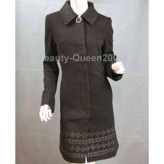 EMBROIDERED Soft Wool Cashmere Coat Long Jacket Brown S  