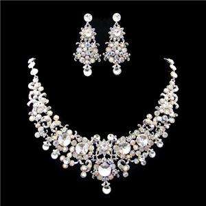 Bridal Flower Floral Necklace Earring Swarovski Crystal  