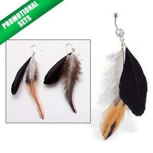  Real Feather Belly Ring and Earrings with Brown, Black 