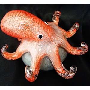  New Hand Blown Glass Orange Octopus on Rock Paperweight 