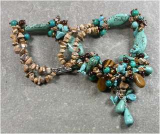 TURQUOISE PICTURE JASPER TIGER EYE FRESH WATER PEARLS NECKLACE  