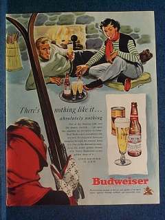 1949 Skiers By Fireplace Enjoy Budweiser~Ad~Skiing  