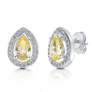 Mothers Day Pear Cut Canary Cubic Zircnia CZ Sterling Silver Halo 