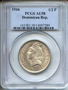   Republic PCGS AU58 1944 Half Peso Medio   Silver Plata Coin   m305
