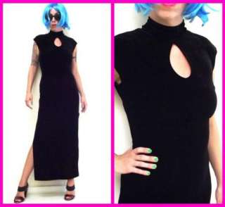 Black Stretch Velvet Backless Big Shoulder Column 90s Vintage Dress 
