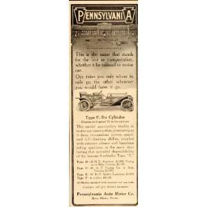 1909 Ad Pennsylvania Type F Six Cylinder Antique Car   Original Print 