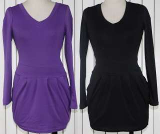   Long Sleeve Cotton CrewNeck Tops Shirt Mini Dress 2 colos  