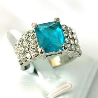 r7709 Size 9 14K White GP Lady Blue Tanzania Diamante CZ Ring Fashion 