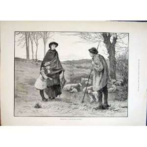  Spring Time Shepherd Sheep Lambs Child Old Print 1883 