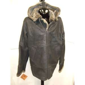    MENS GENUINE SHEARLING HOODED COAT SIZE L 