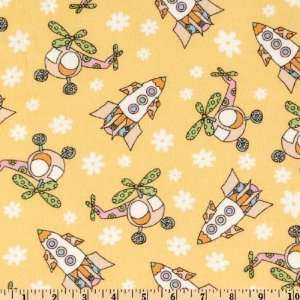  45 Wide Crazy Copters & Rocketships Yellow Fabric By The 