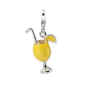   Sterling Silver 3D Yellow Enamel Tropical Drink Charm Jewelry