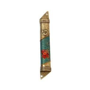  Semicircle Pewter Mezuzah with Blue Band, Pink Flower, Red 