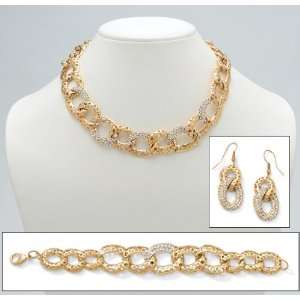 14k Gold Plated Crystal Perforated Curb Link Necklace, Bracelet and 