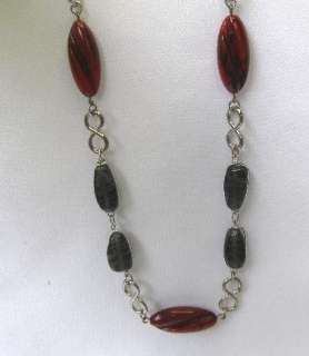 Vintage Faux Agate Red Scarlet & Gray 24 Inch Necklace  