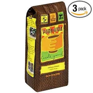 Pura Vida Whole Bean Coffee, Ethiopia Sidamo, 12 Ounce Bags (Pack of 3 