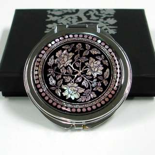 Mother of Pearl Metal Round Double Compact Cosmetic Makeup Pocket Hand 