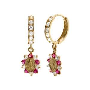  14KT Yellow Gold Virgin Mary Dangles Ruby Jewelry