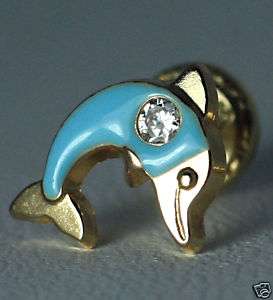 NEW 14K Y Gold Blue Dolphin BABY CZ Screw Back Earrings  