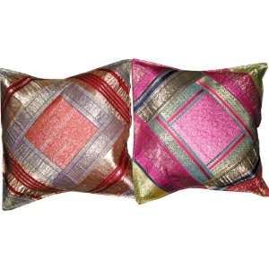   Cover Vintage Silk Sari Zari Borders Pillow Case 16