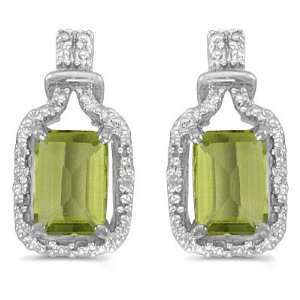   White Gold 0.02 ct. Diamond and 7 x 5 MM Emerald Cut Peridot Earrings