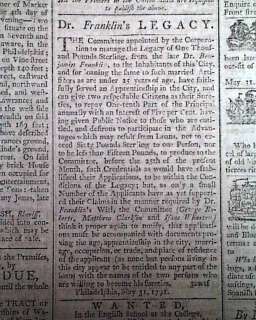 BENJAMIN FRANKLINS WILL 1791 Philadelphia PA Newspaper  