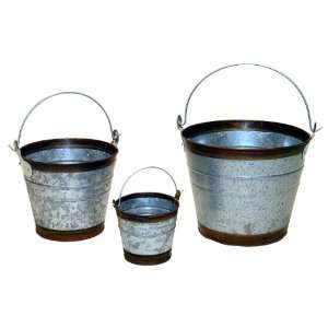 3 Piece Galvanized Bucket Set with Rust Colored Accents 
