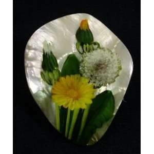 Russian Mother of Pearl Hand Painted Pin DANDELONS