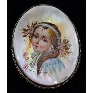 Russian Brooch Hand Painted over Mother of Pearl PORTRAIT 