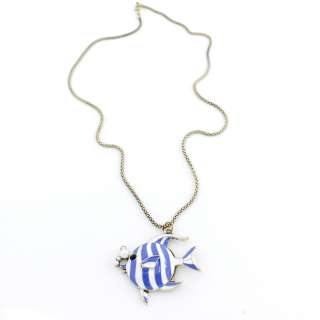 Gold tone Cute Enamel Blue and White Fish Necklace  