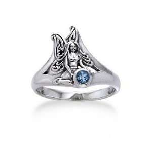 Detailed Fairy Sterling Silver Faery and Genuine Blue Topaz Ring Size 