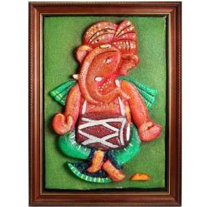    Relief Resin Ganesha with Dholak on Wood Frame