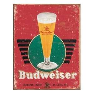  Budweiser Beer Glass and Logo Distressed Retro Vintage Tin 