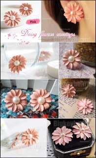 New Lovely Cute Pink Daisy Flower Pearl Stud Earrings  