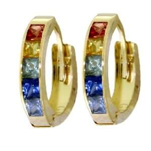  14k Gold Hoop Earrings with Genuine Multi Colors Sapphires 