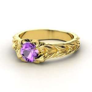  Rose and Thorn Ring, Round Amethyst 14K Yellow Gold Ring 