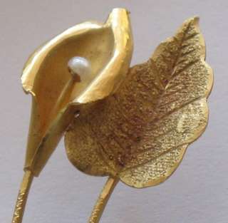 Art Nouveau 18K GOLD + PEARL CALLA LILY Pin Brooch Flower Antique 3.8 