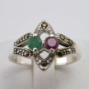 Genuine ruby emerald marcasite 925 sterling silver Ring  