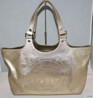 Auth. Tory Burch Metallic Gold Saffiano Burch Tote Shoulder Handbag 