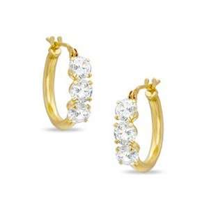  Hoop Three Stone Earrings in 14K Gold Cubic Zirconia 15mm 